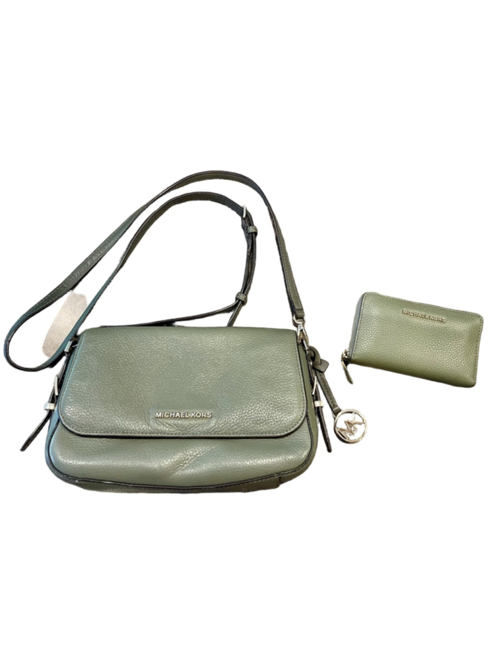Michael Kors Olive Green Pebbled Leather Crossbody Bag Wallet Set Gold